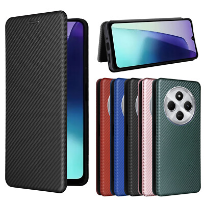 For Xiaomi Redmi 14C, Luxury Flip Carbon Fiber Leather Wallet Card PC Case Cover