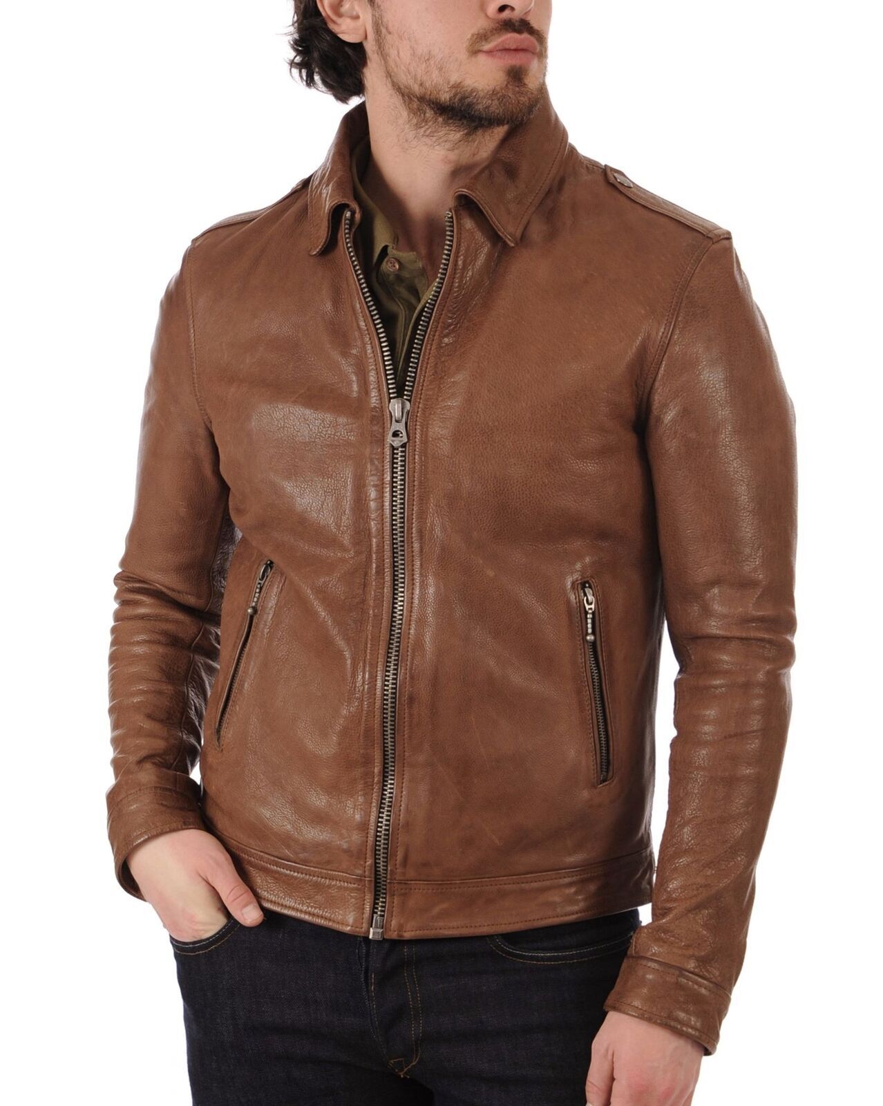 Chaqueta de cuero antigua para hombre Motociclista Cuero real Marrón Abrigo C...