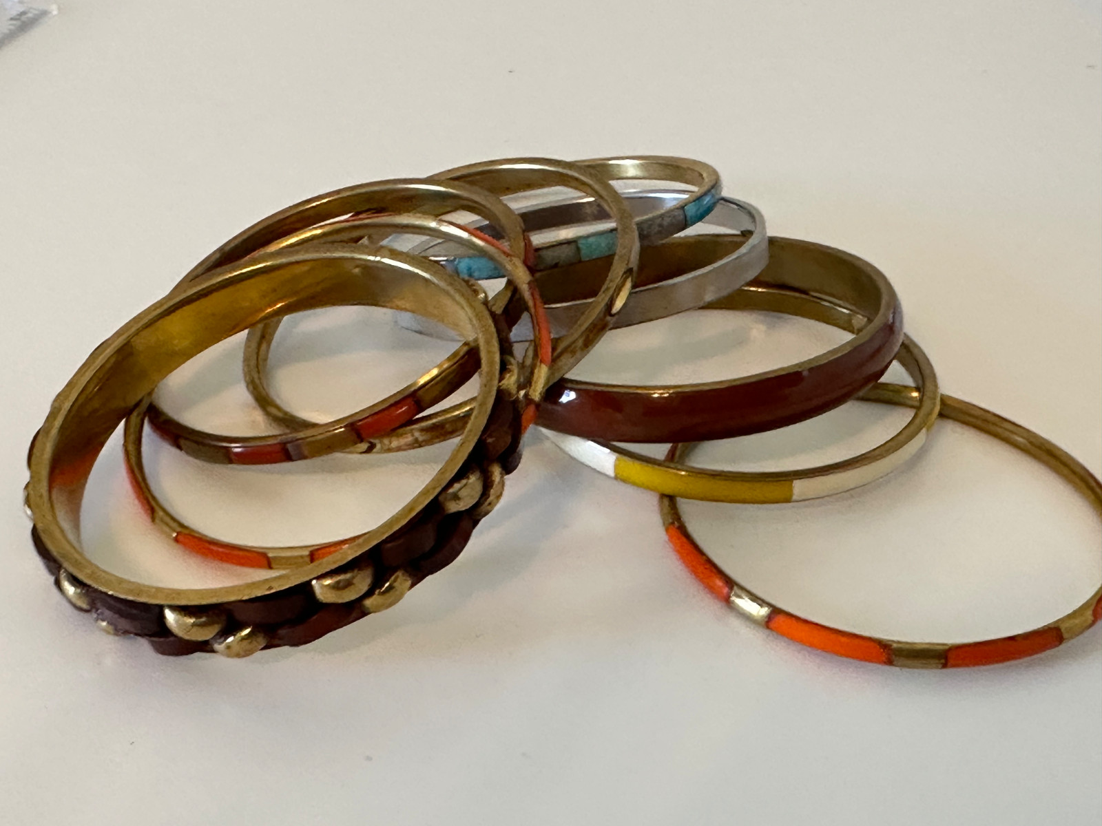 VTG Bangle Stackable Brown Orange Shell Wood Leat… - image 10