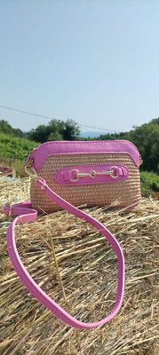 Mini Gürteltasche Clutch Damen Mädchen aus echtem Stroh und echtem Leder rosa