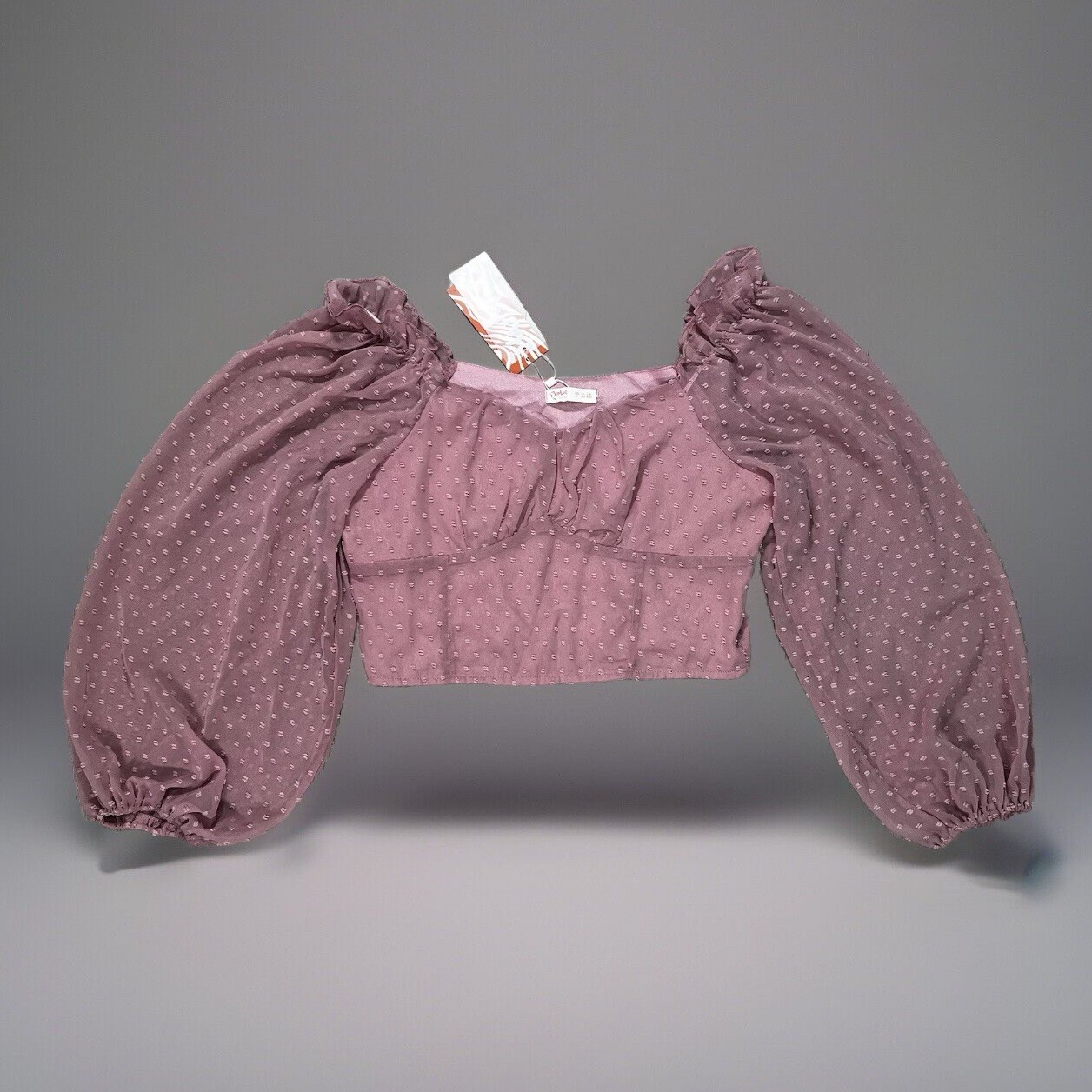 Romwe Swiss Dot Pink Crop Top Puff Sheer Long Sleeve Chiffon Blouse Large NWT