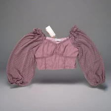 Romwe Swiss Dot Pink Crop Top Puff Sheer Long Sleeve Chiffon Blouse Large NWT