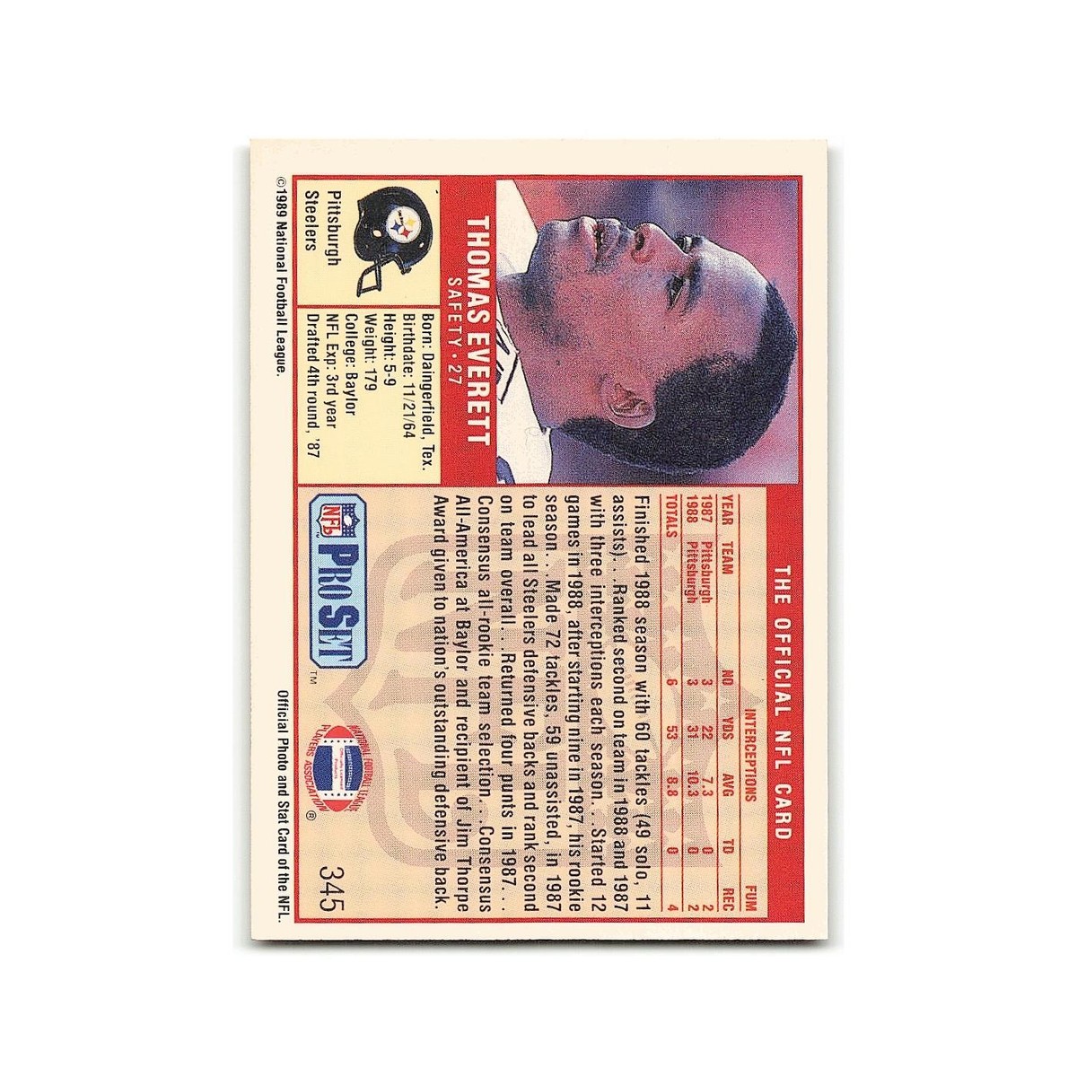 Thomas Everett Rookie 1989 Pro Set #345 Pittsburgh Steelers