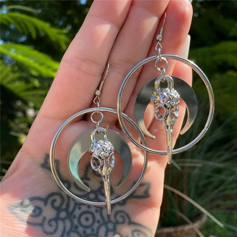 Gothic Moon Earrings Crow Skull Earrings Gothic Earrings Ring Moon