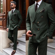 Men's Suit Green Double Breasted Peak Lapel Business Groom Tuxedo Wedding Prom