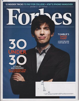 Forbes January 21, 2013 Tumblr's David Karp, 30 Under 30  15 Fields, 450 Prodigi