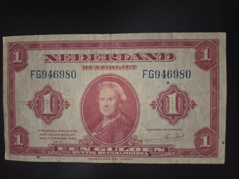 Netherlands 1 Gulden 1943 BANKNOTE WWII ERA Currency WW2 EEN GULDEN