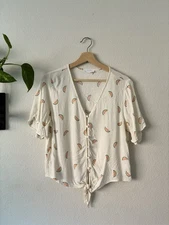 Elodie Watermelon Print White Pink Tie Front Button Short Sleeve Rayon Top