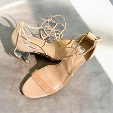 Women  s Beige Strappy Ankle Strap Tie Block Heel Open Toe Solid Heels