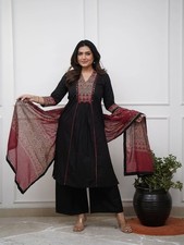 Women's Black Embroidered Kurta Set with Dupatta Indian Ethnic Palazzo Suit