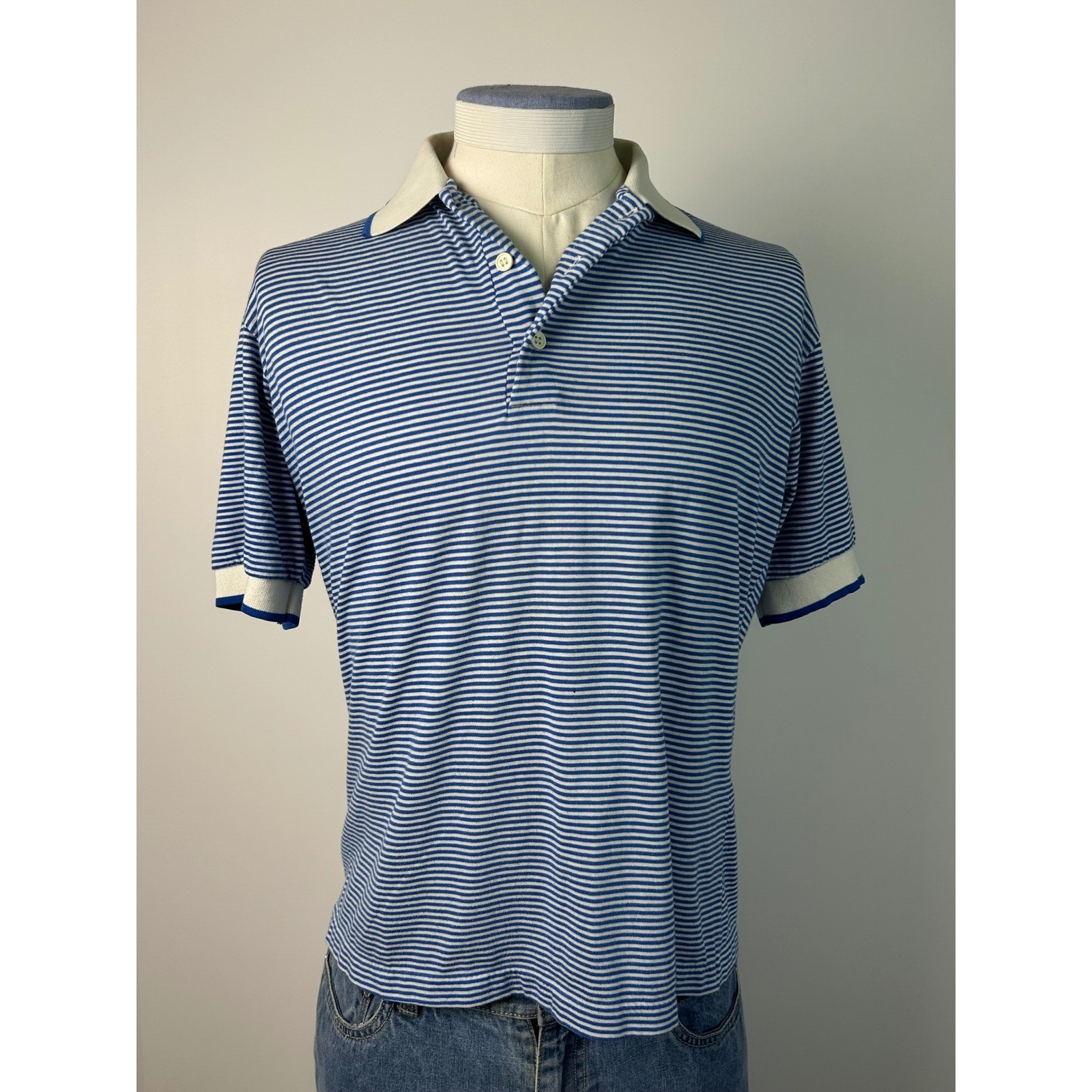 Courtside Vintage Blue White Striped Polo Shirt Short Sleeve Retro Size L