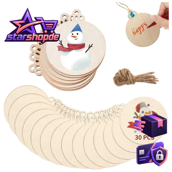 Holz AnhäNger 30 StüCk Weihnachten Deko Runde Holzscheiben Basteln Scrapbook-image