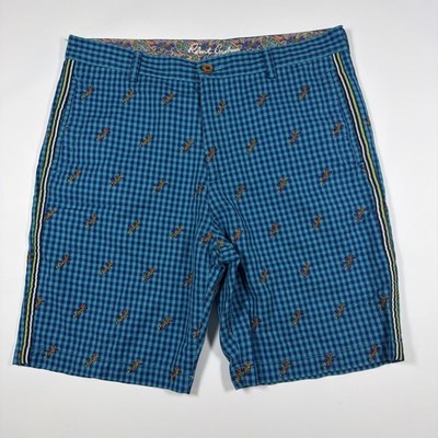 Robert Graham Shorts Men s 36 Teal Lizard Gingham Check Embroidered Linen Blend