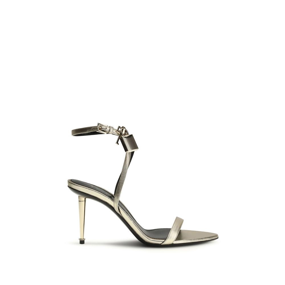 Tom Ford Women Gold Sandals Leather Padlock Stiletto High Heels Strappy Shoes