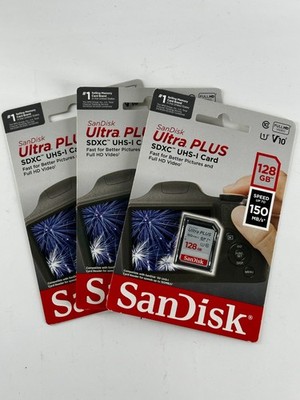 (3) SanDisk 128 GB Ultra Plus SDXC UHS-I Memory Card 150 MB/s Ultra Plus HD Lot