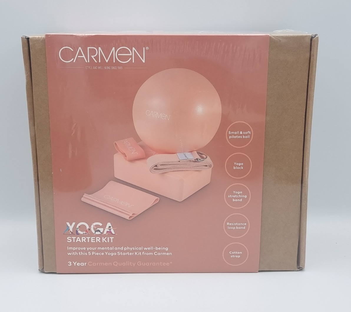 Carmen 5 Piece Yoga Starter Kit - Peach - Pilates Ball, Resistance Band, Yoga Block, Cotton Strap, Stretching Band - Image 4
