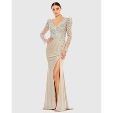 Mac Duggal 20346 Taupe Embellished Faux Wrap Illusion Puff Sleeve Gown Size 10