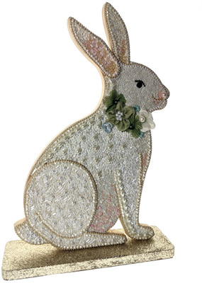 Decorative Pearl Beaded Easter Bunny Figurine with Gold Base Floral Accent Table