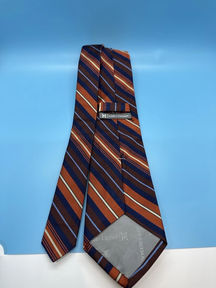 HICKEY FREEMAN BOY'S TIE 100% SILK HANDMADE IN USA Stripes Grey Blue Tan Necktie - Image 3 of 3