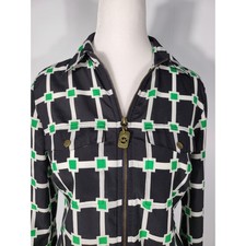 Michael Kors Womens Geometric Grid Full Zip Blouse Navy Green Long Sleeve Size S
