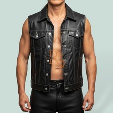 Men s Gay Lambskin Leather Vest Black Sleeveless Biker Clubwear Biker Waistcoat