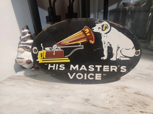 VINTAGE RCA VICTOR PORCELAIN SIGN HIS MASTER'S VOICE NIPPER DOG VICTROLA MUSIC