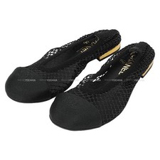 2025Cruise CHANEL Flat Shoes Ballerina mesh COCO Mark Noir Black Grosgrain...