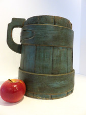 ANTIQUE WOODEN TANKARD IN BLUE-GREEN PAINT, AAFA
