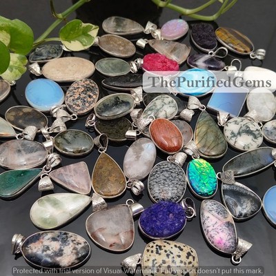 Bulk Sale !! Mix Gemstone Pendant Lot 925 Silver Plated Handmade Jewellery Lot~