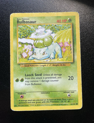 Bulbasaur 44/102 Pokémon TCG Base Set Regular 40 HP English 1999 Common