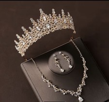 Gold Metal Rhinestone Bridal Tiara with Necklace Earrings Set