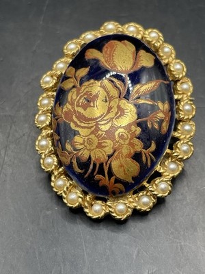 Vintage Limoges France Oval Blue Enamel Gold Floral Pearl Border Brooch