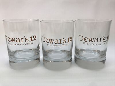 3 DeWar's 12 Old Fashion Rock Glasses Gold Tone Lettering Finest Scotch Whiskey