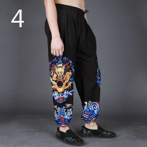 Men Harem Pants Trousers Loose Casual Dragon Retro Baggy Fashion Black Stylish - Picture 5 of 14