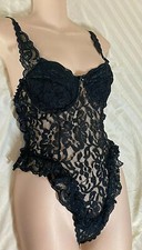 VINTAGE TEDDY TEDDI BLACK LACE STRTCH USA LACE SEE THROUGH RUFFLE