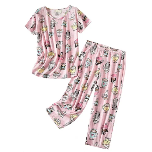 Ladies Pajamas Sets V Neck Sleepwear Women Baggy Dailywear Short Sleeve - Picture 6 of 41