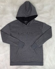 Bebe Sport Embroidered Charcoal Sherpa Lined Hooded Sweater SZ L Thumb Holes