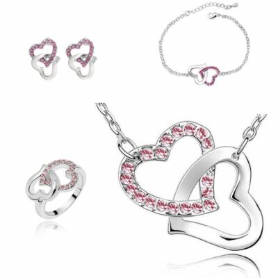 Pink Hearts jewellery Set Matching Necklace Earrings Bracelet Ring Girls  Wife UK