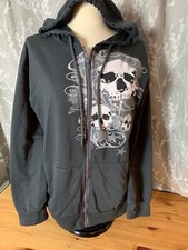 Romwe Zip Up Hoodie Small Gray Graphic Skulls Light weight Gothic