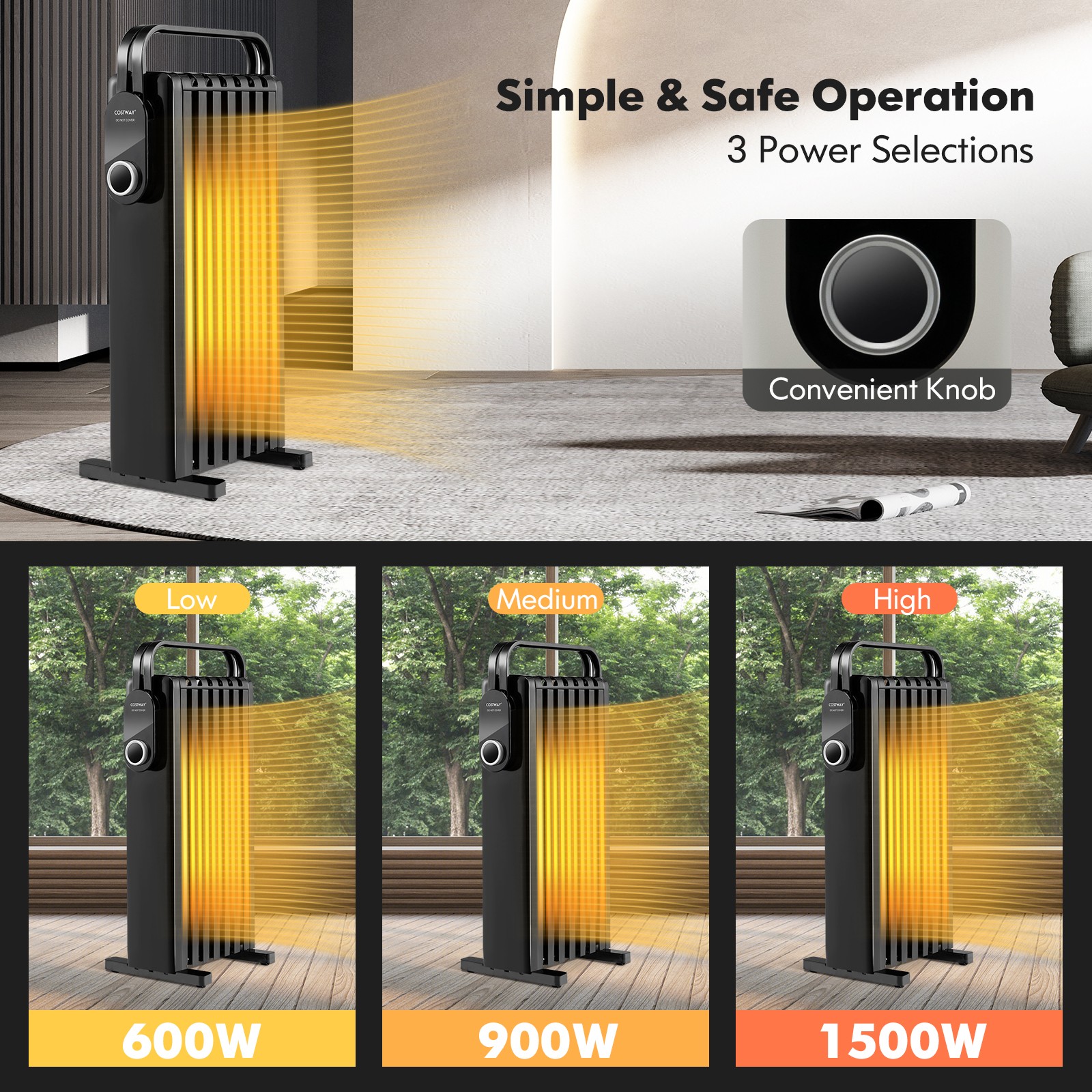 1500W Electric Space Heater Oil Filled Radiator Heater W/ Foldable Rack ...