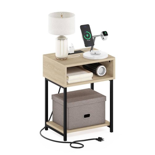 Furinno Moretti 15.2 in. Bauhaus Oak Rectangle Wood End Table with USB and Port - Picture 2 of 7