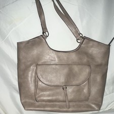 Taupe Shoulder Bag Gold Hardware Zip Closure Inner Pockets Large Casual
