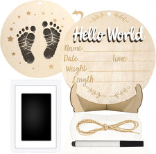 Baby Announcement Sign, 5.9 Inch round Wooden Hello World Newborn Signs, Birth A
