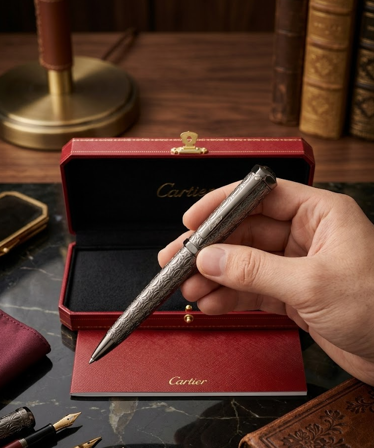 2026 Cartier Silver Ballpoint Pen Gunmetal Engraved Pattern Red
