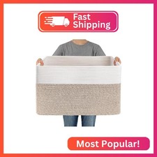 JMvicyroam 65L Large Woven Cotton Rope Blanket Basket, White Oatmeal
