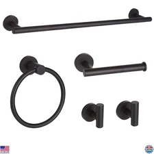 Matte Black 5-Piece Bathroom Hardware Set, 24-Inch Towel Bar & Accessories
