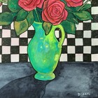Original Fine Art Pink Roses Green Vase Checkerboard Watercolor Unframed 11x14 — photo 3