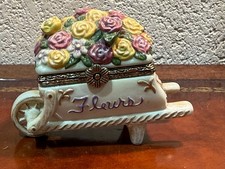 Porcelain Trinket Box Hand Painted Flower Wheel Barrow Cart