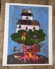 Original ‘21 A Buitron TREE OF LIFE House Dogs Folk Art Watercolor 11.75”x14.75”