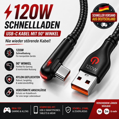 120W USB-C Schnellladekabel 90 Grad Winkel Nylon für Huawei Xiaomi Samsung